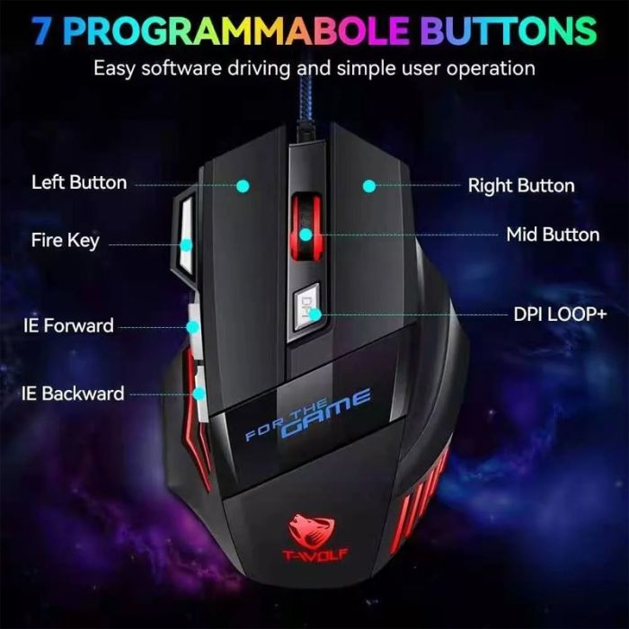 Souris Gaming Filaire T-Wolf M1 RGB - Noir