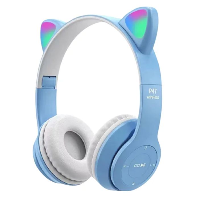 Casque fil P47M Cartoon Cat Ear avec LED et batterie 400mAh - Bleu