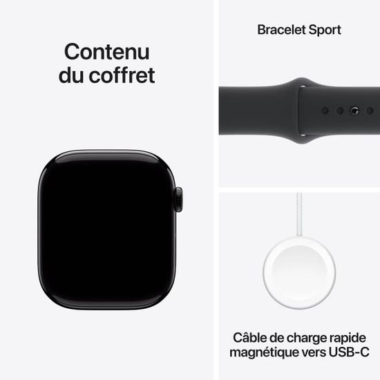 Apple Watch Series 10 GPS - 46mm - Boîtier Jet Black Aluminium - Bracelet Black Sport Band.