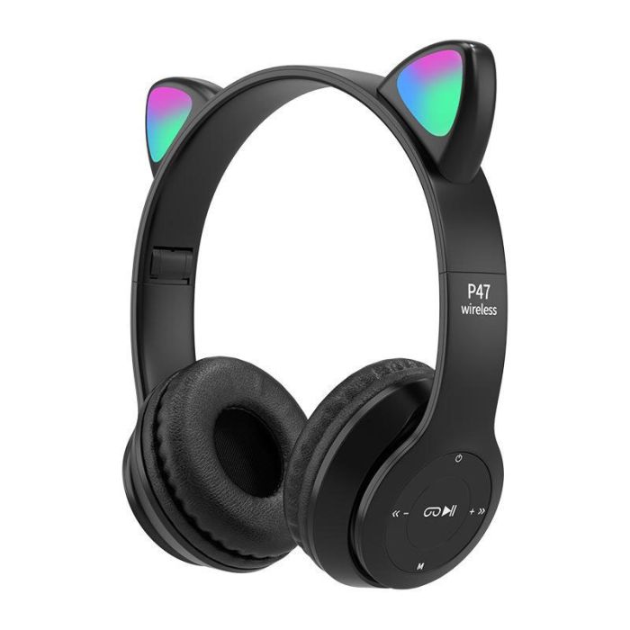 Casque fil P47M Cartoon Cat Ear avec LED et batterie 400mAh - Noir