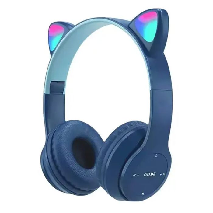 Casque fil P47M Cartoon Cat Ear avec LED et batterie 400mAh - Bleu&Bleu ciel