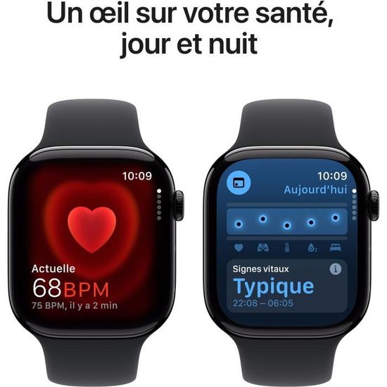 Apple Watch Series 10 GPS - 46mm - Boîtier Jet Black Aluminium - Bracelet Black Sport Band.