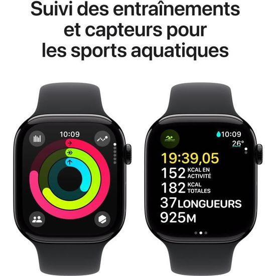 Apple Watch Series 10 GPS - 46mm - Boîtier Jet Black Aluminium - Bracelet Black Sport Band.